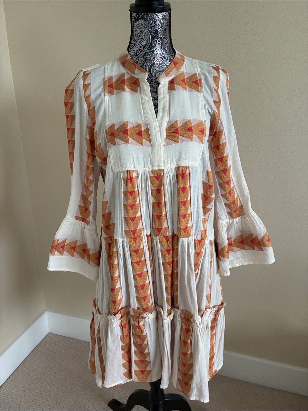 Pearl & Caviar White Tiered Dress with Gold and Red Geometric Print Size S/M